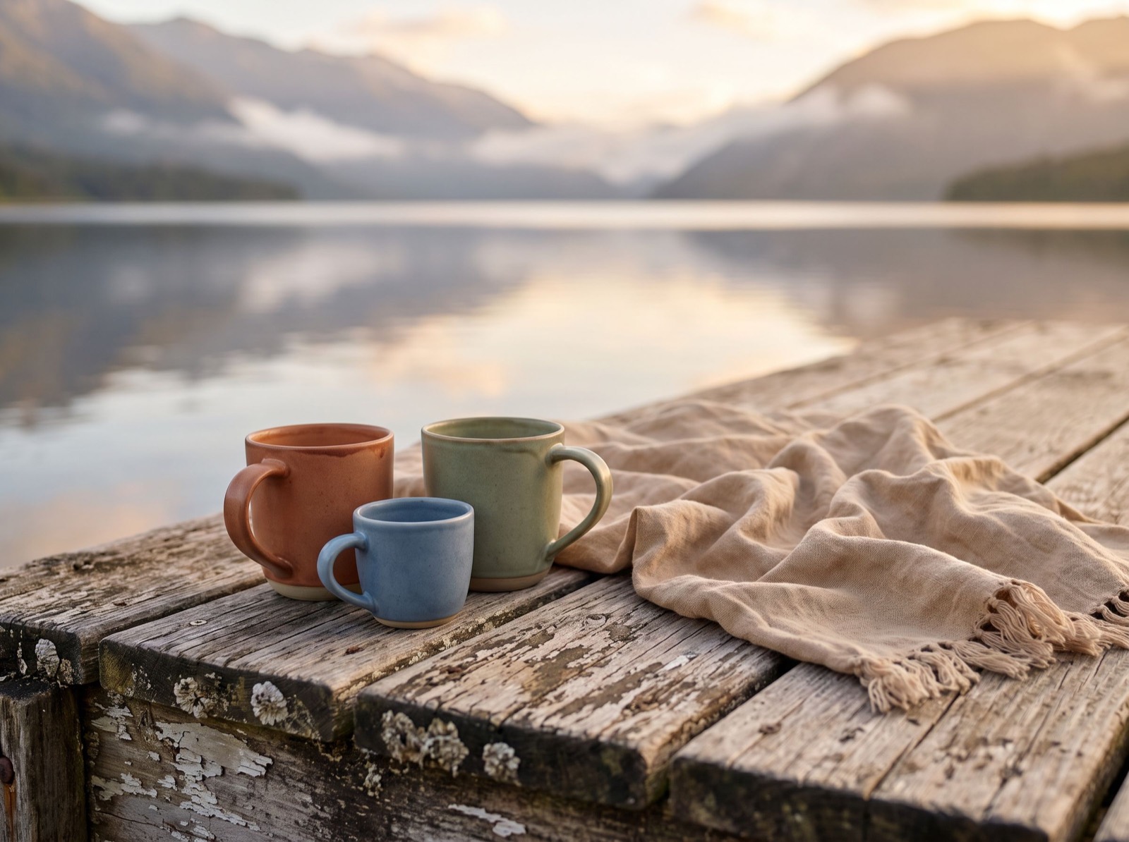 Zwei große Tassen und eine Kindertasse auf einem Holzsteg am See