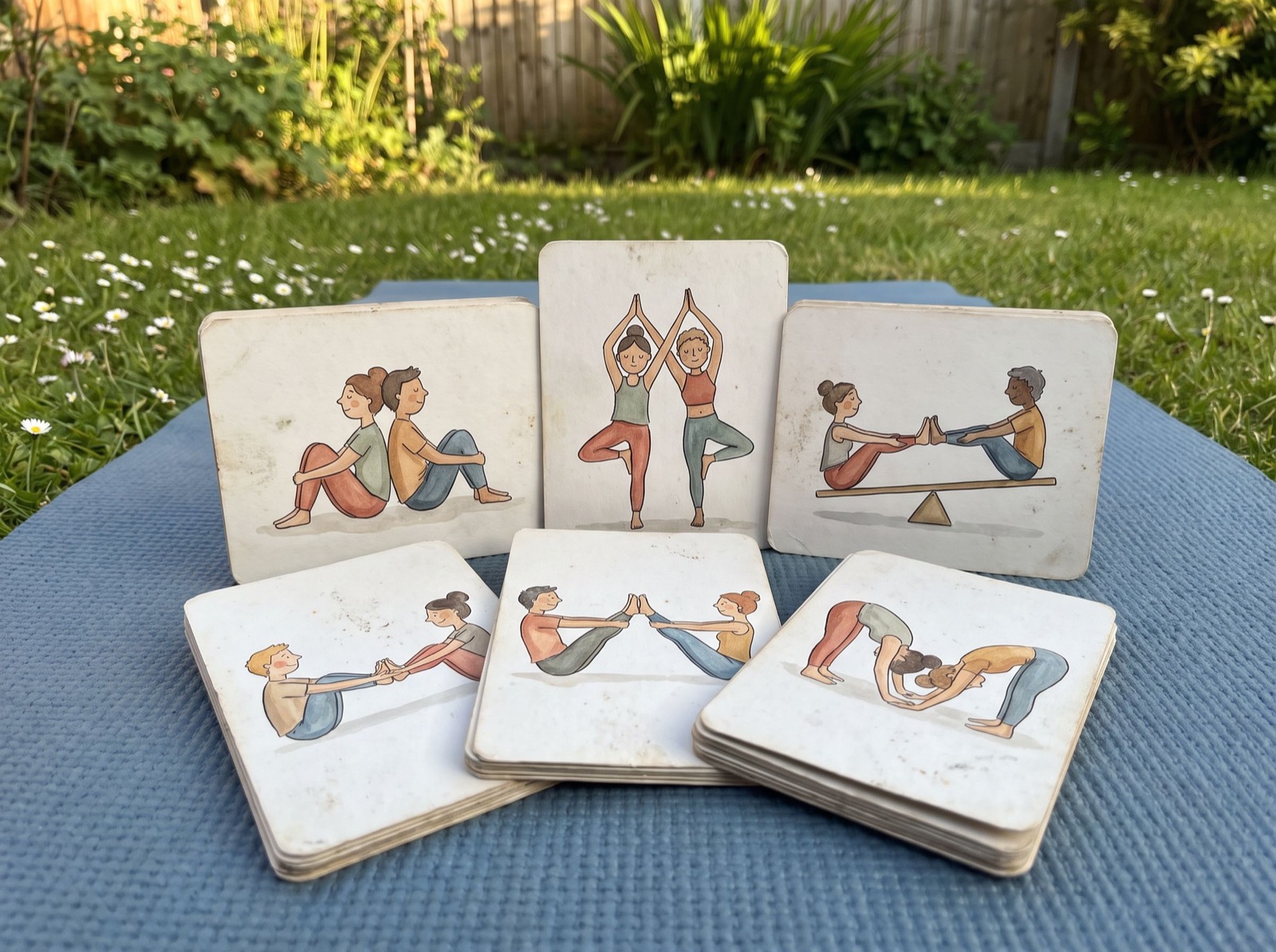 Gezeichnete Partneryoga-Karten mit Paaren in Yogahaltungen auf einer blauen Yogamatte