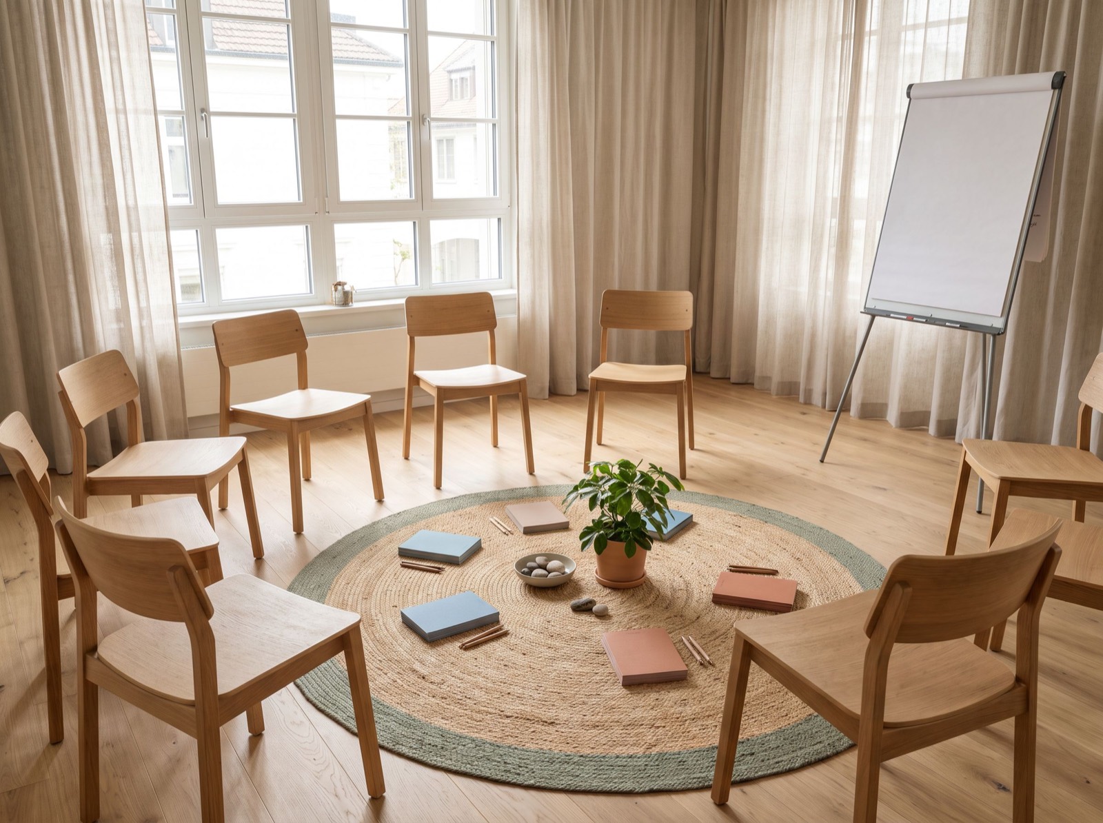 Workshopraum mit Holzstühlen im Kreis, Teppich mit Karten und Stiften und einem Flipchart